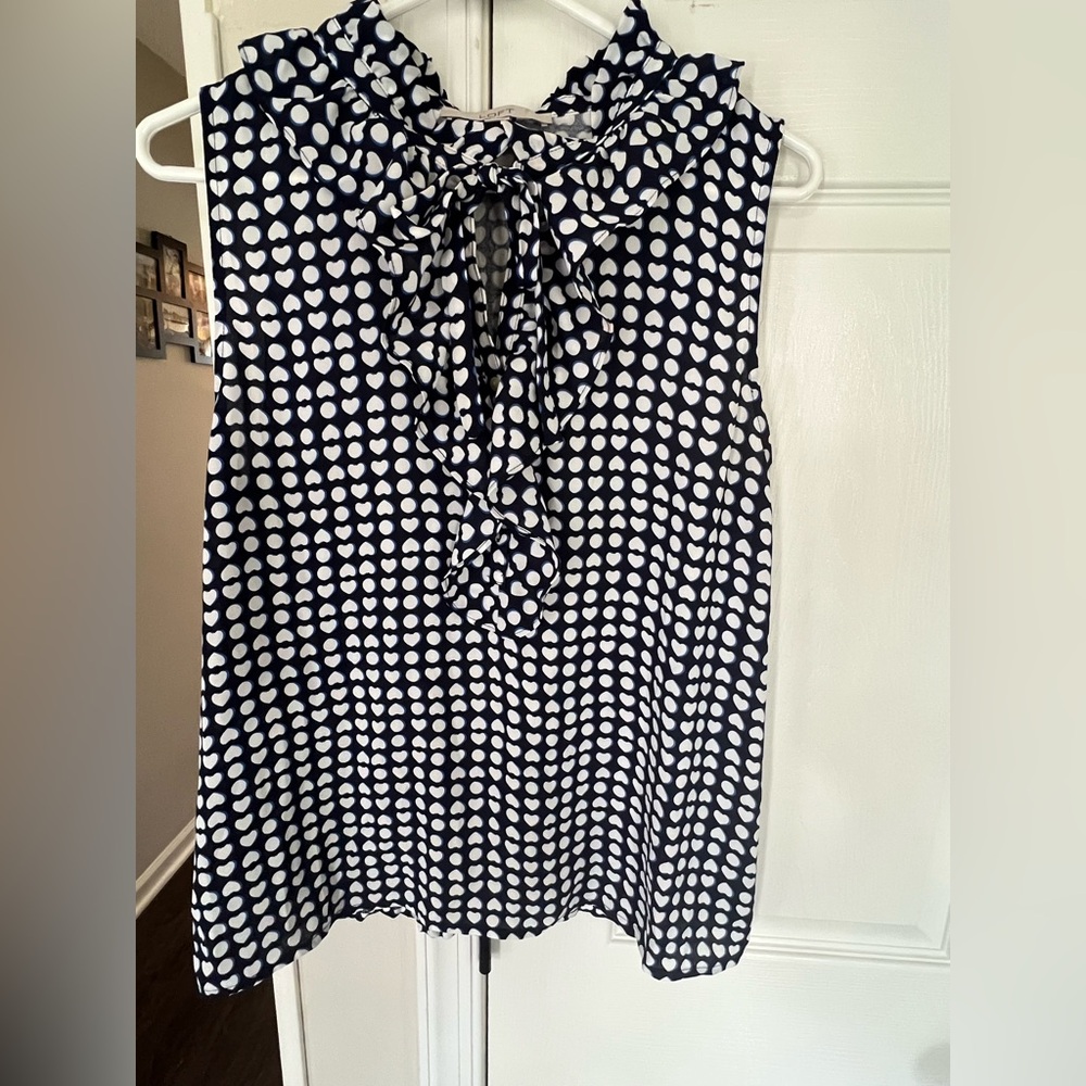 LOFT Navy and White Heart Print Blouse Women Medium